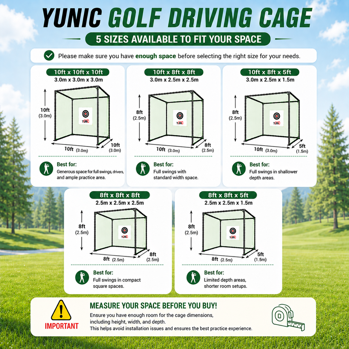 Golf Driving Cage – Green Net, Multiple Sizes