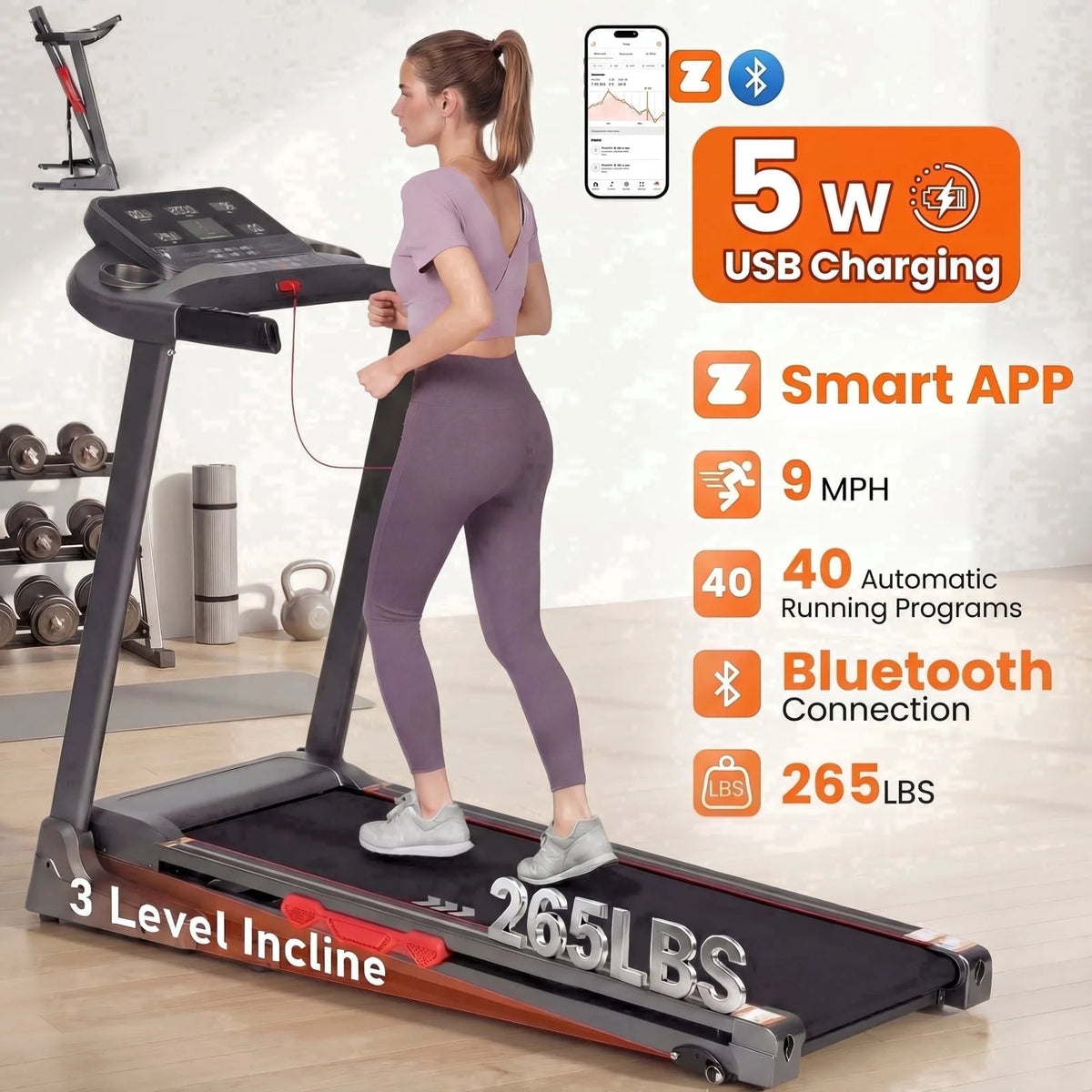 Treadmill for Home with 3 Level Manual Incline Smart APP USB Charging Foldable Running Electric Treadmill Gym