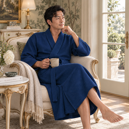 Waffle Spa Bathrobe for Men -  Absorbent, Lightweight